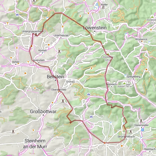 Map miniature of "Untergruppenbach Gravel Adventure" cycling inspiration in Stuttgart, Germany. Generated by Tarmacs.app cycling route planner
