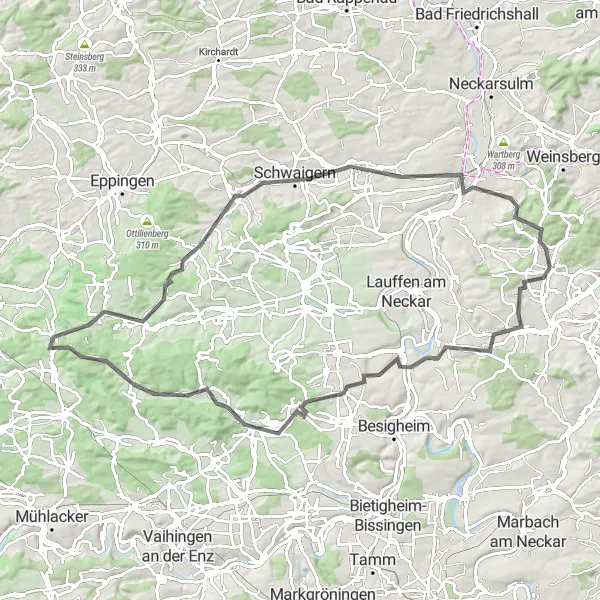 Map miniature of "Untergruppenbach to Burg Stettenfels Road Loop" cycling inspiration in Stuttgart, Germany. Generated by Tarmacs.app cycling route planner