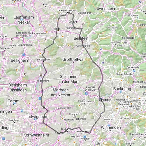 Map miniature of "Untergruppenbach Road Challenge" cycling inspiration in Stuttgart, Germany. Generated by Tarmacs.app cycling route planner