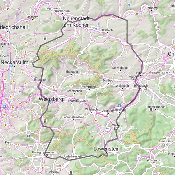 Map miniature of "Untergruppenbach Road Discovery" cycling inspiration in Stuttgart, Germany. Generated by Tarmacs.app cycling route planner
