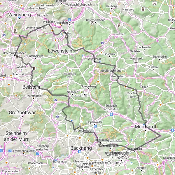 Map miniature of "The Sandberg to Untergruppenbach Road Adventure" cycling inspiration in Stuttgart, Germany. Generated by Tarmacs.app cycling route planner