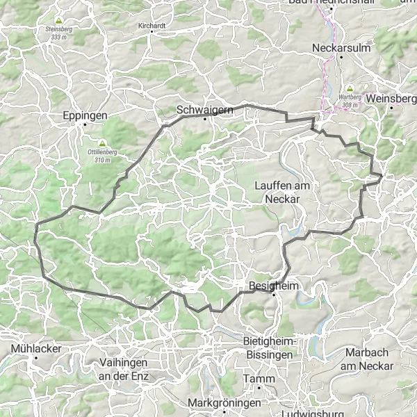 Karten-Miniaturansicht der Radinspiration "92 km Road-Tour durch die Weinberge" in Stuttgart, Germany. Erstellt vom Tarmacs.app-Routenplaner für Radtouren