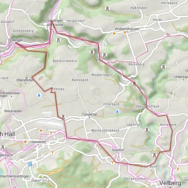 Map miniature of "Untermünkheim - Löwenberg - Oberscheffach - Wasserburg Altenhausen - Untermünkheim" cycling inspiration in Stuttgart, Germany. Generated by Tarmacs.app cycling route planner