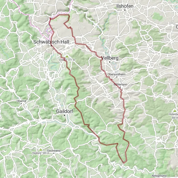 Map miniature of "Untermünkheim - Altenhausen - Bühlerzell - Sulzbach am Kocher - Einkorn - Schwäbisch Hall - Untermünkheim" cycling inspiration in Stuttgart, Germany. Generated by Tarmacs.app cycling route planner