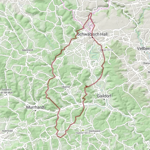 Map miniature of "Untermünkheim - Schwäbisch Hall - Bilz - Kaisersbach - Hoher Bühl - Lix - Michelfeld - Streiflesberg - Untermünkheim" cycling inspiration in Stuttgart, Germany. Generated by Tarmacs.app cycling route planner