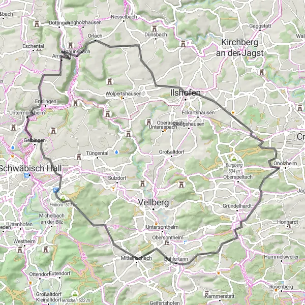 Map miniature of "Untermünkheim to Neuburg Road Cycling Route" cycling inspiration in Stuttgart, Germany. Generated by Tarmacs.app cycling route planner