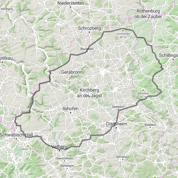 Karten-Miniaturansicht der Radinspiration "Langenburg und Satteldorf Panoramaroute" in Stuttgart, Germany. Erstellt vom Tarmacs.app-Routenplaner für Radtouren