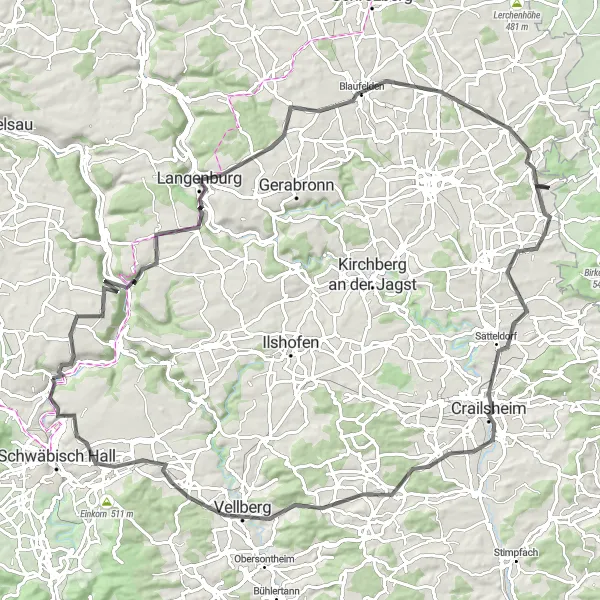 Map miniature of "Untermünkheim to Blaufelden Scenic Road Cycling Route" cycling inspiration in Stuttgart, Germany. Generated by Tarmacs.app cycling route planner