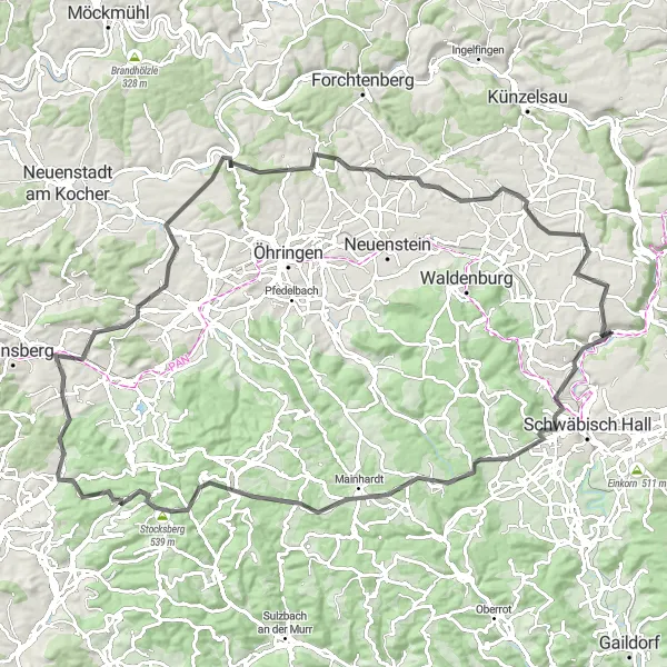 Map miniature of "Untermünkheim - Mainhardt - Wüstenrot - Stocksberg - Hagelsberg - Lehrensteinsfeld - Dimbach - Ohrnberg - Limes Blick Zweiflingen - Kupferzell - Untermünkheim" cycling inspiration in Stuttgart, Germany. Generated by Tarmacs.app cycling route planner