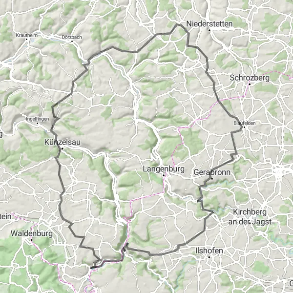 Map miniature of "Untermünkheim to Gerabronn Adventure Route" cycling inspiration in Stuttgart, Germany. Generated by Tarmacs.app cycling route planner