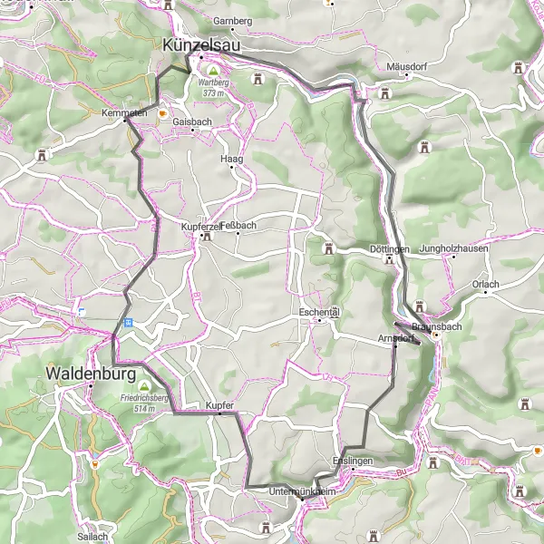 Map miniature of "Untermünkheim to Beltersrot Loop" cycling inspiration in Stuttgart, Germany. Generated by Tarmacs.app cycling route planner