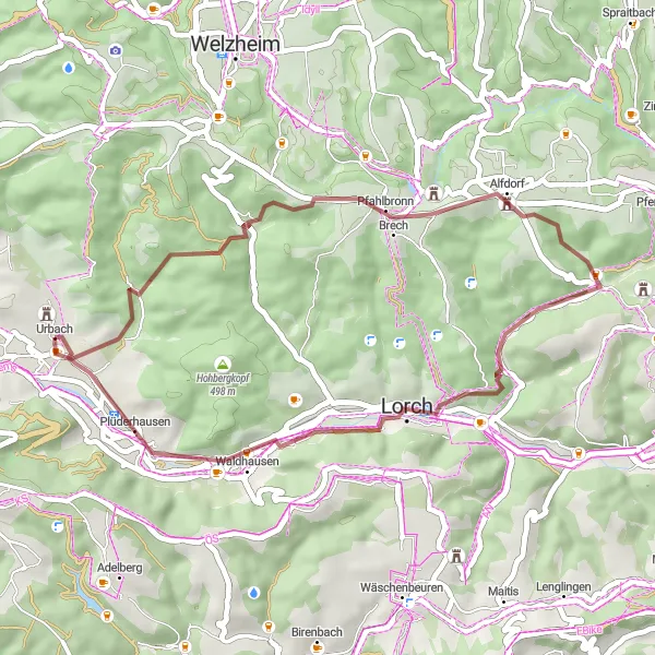Map miniature of "The Heuberg Loop" cycling inspiration in Stuttgart, Germany. Generated by Tarmacs.app cycling route planner