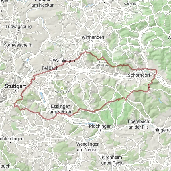 Karten-Miniaturansicht der Radinspiration "Graveltour Urbach - Korb - Geroksruhe" in Stuttgart, Germany. Erstellt vom Tarmacs.app-Routenplaner für Radtouren