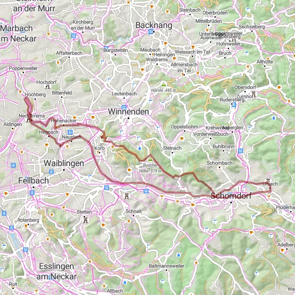 Map miniature of "Schorndorf - Urbach (Gravel)" cycling inspiration in Stuttgart, Germany. Generated by Tarmacs.app cycling route planner