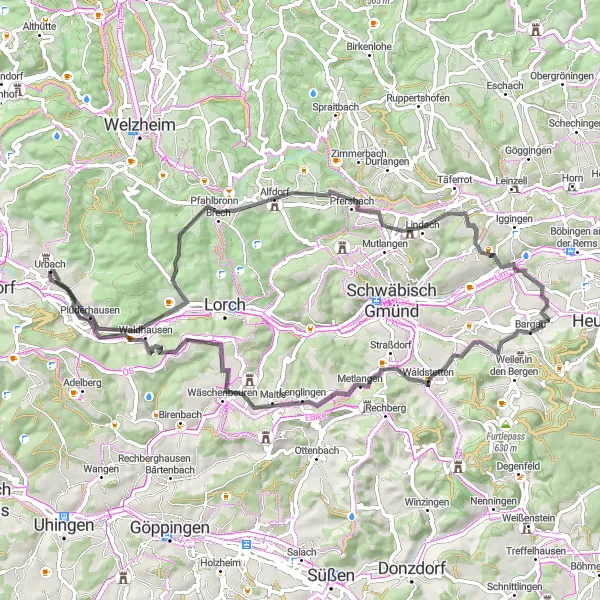 Karten-Miniaturansicht der Radinspiration "Runde Tour Urbach - Alfdorf - Gänsberg" in Stuttgart, Germany. Erstellt vom Tarmacs.app-Routenplaner für Radtouren