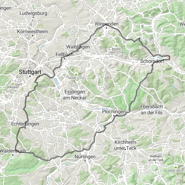 Map miniature of "The Hilltop Adventure" cycling inspiration in Stuttgart, Germany. Generated by Tarmacs.app cycling route planner