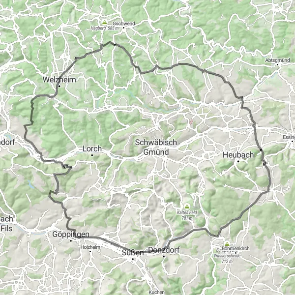 Map miniature of "The Legendary Hiking Mountain Road" cycling inspiration in Stuttgart, Germany. Generated by Tarmacs.app cycling route planner