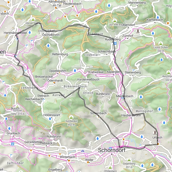 Karten-Miniaturansicht der Radinspiration "Urbach-Schorndorf-Rundweg" in Stuttgart, Germany. Erstellt vom Tarmacs.app-Routenplaner für Radtouren
