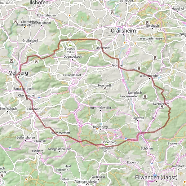 Karten-Miniaturansicht der Radinspiration "Kleine Graveltour um Vellberg" in Stuttgart, Germany. Erstellt vom Tarmacs.app-Routenplaner für Radtouren