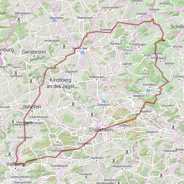 Karten-Miniaturansicht der Radinspiration "Graveltour rund um Vellberg" in Stuttgart, Germany. Erstellt vom Tarmacs.app-Routenplaner für Radtouren