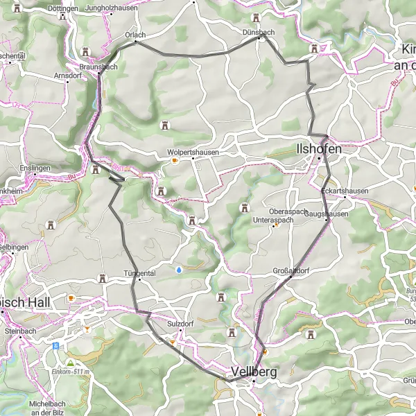 Karten-Miniaturansicht der Radinspiration "Kurze Rundtour um Vellberg" in Stuttgart, Germany. Erstellt vom Tarmacs.app-Routenplaner für Radtouren