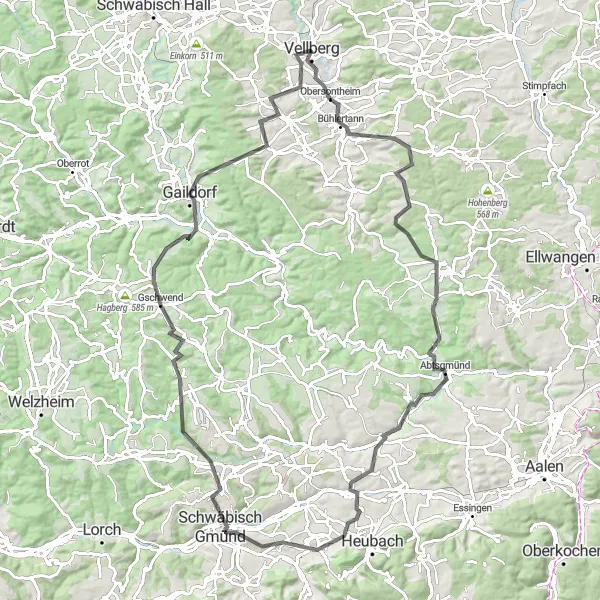 Karten-Miniaturansicht der Radinspiration "Abenteuerliche Fernradtour um Vellberg" in Stuttgart, Germany. Erstellt vom Tarmacs.app-Routenplaner für Radtouren