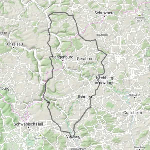 Karten-Miniaturansicht der Radinspiration "Rund um Vellberg" in Stuttgart, Germany. Erstellt vom Tarmacs.app-Routenplaner für Radtouren