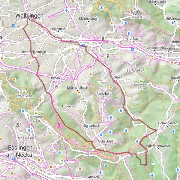 Map miniature of "Beutelsbach to Waiblingen Gravel Route" cycling inspiration in Stuttgart, Germany. Generated by Tarmacs.app cycling route planner