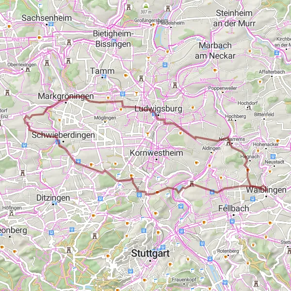 Map miniature of "Waiblingen to Burg Hofen Gravel Route" cycling inspiration in Stuttgart, Germany. Generated by Tarmacs.app cycling route planner