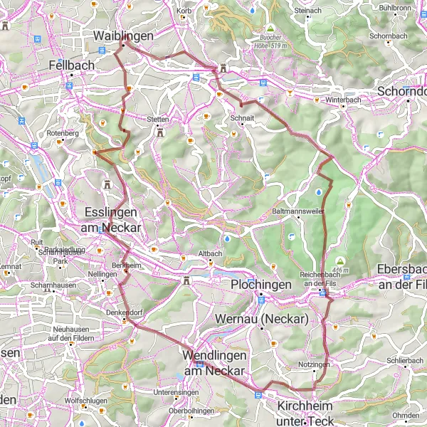 Map miniature of "Waiblingen to Reichenbach Gravel Route" cycling inspiration in Stuttgart, Germany. Generated by Tarmacs.app cycling route planner