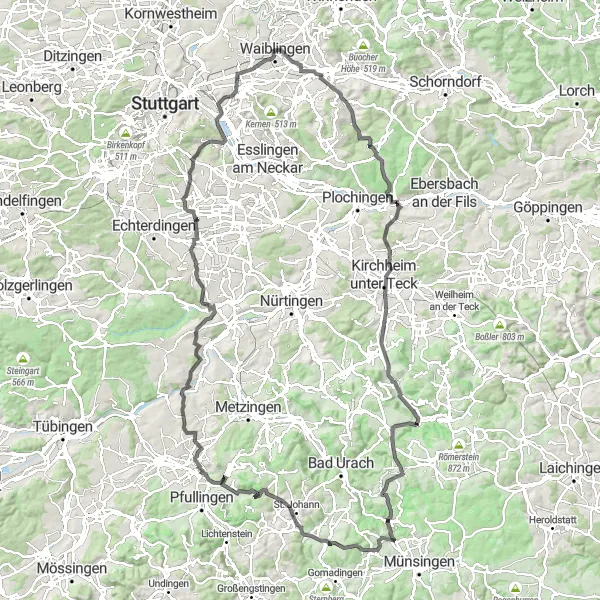 Karten-Miniaturansicht der Radinspiration "Schwäbische Alb-Radtour von Waiblingen nach Altenriet" in Stuttgart, Germany. Erstellt vom Tarmacs.app-Routenplaner für Radtouren