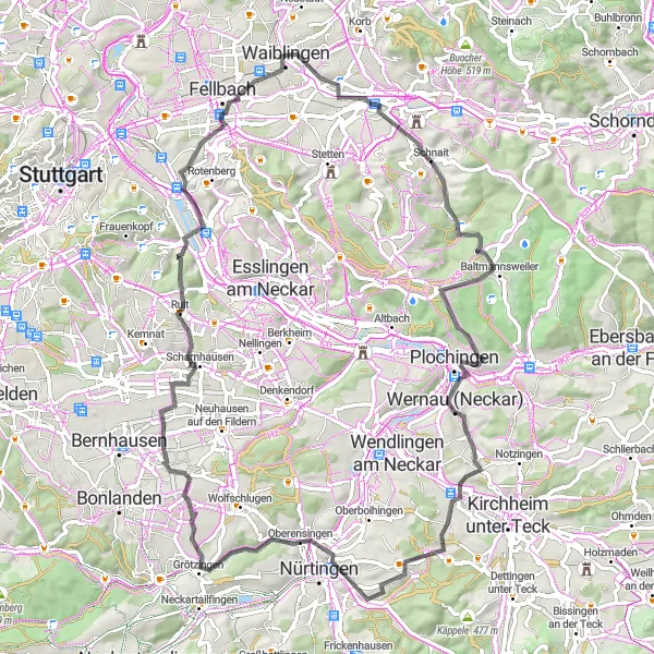 Karten-Miniaturansicht der Radinspiration "Fahrradroute durch die Weinberge des Remstals" in Stuttgart, Germany. Erstellt vom Tarmacs.app-Routenplaner für Radtouren