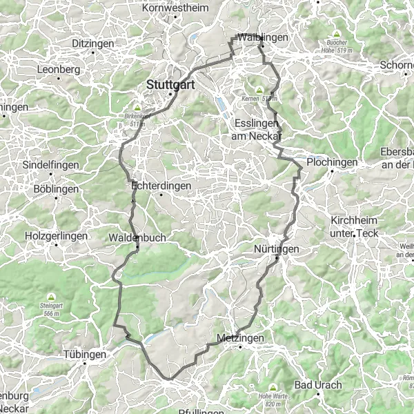 Map miniature of "Waiblingen to Stuttgart-Süd Loop" cycling inspiration in Stuttgart, Germany. Generated by Tarmacs.app cycling route planner