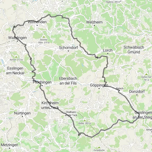 Map miniature of "The Urbach Exploration Ride" cycling inspiration in Stuttgart, Germany. Generated by Tarmacs.app cycling route planner