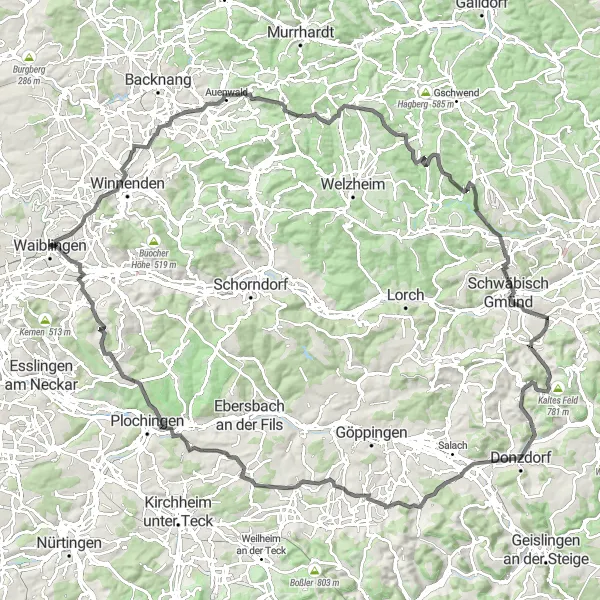 Map miniature of "Waiblingen to Stuttgart-Süd Extended Loop" cycling inspiration in Stuttgart, Germany. Generated by Tarmacs.app cycling route planner