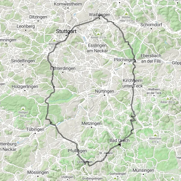 Karten-Miniaturansicht der Radinspiration "Rund um Waiblingen und den Remstal Höhenwanderweg" in Stuttgart, Germany. Erstellt vom Tarmacs.app-Routenplaner für Radtouren