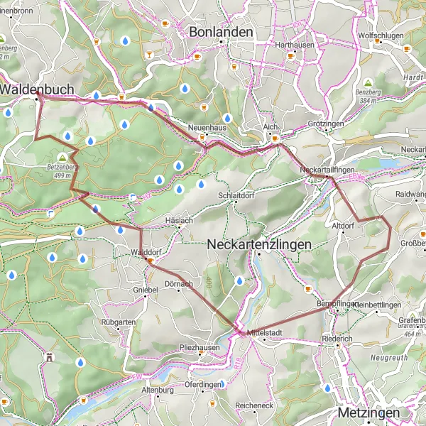 Karten-Miniaturansicht der Radinspiration "Gravel-Tour um Waldenbuch" in Stuttgart, Germany. Erstellt vom Tarmacs.app-Routenplaner für Radtouren