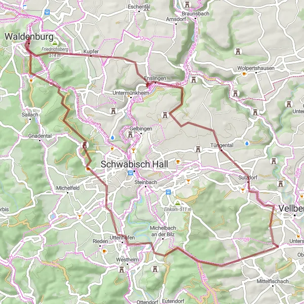 Map miniature of "Hills and Castles Gravel Adventure" cycling inspiration in Stuttgart, Germany. Generated by Tarmacs.app cycling route planner