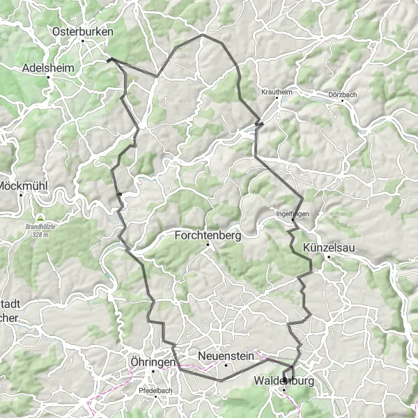 Map miniature of "Waldenburg and Surrounding Hills" cycling inspiration in Stuttgart, Germany. Generated by Tarmacs.app cycling route planner