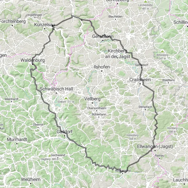 Karten-Miniaturansicht der Radinspiration "Epische Road-Tour durch Crailsheim und Schloss Rechenberg" in Stuttgart, Germany. Erstellt vom Tarmacs.app-Routenplaner für Radtouren