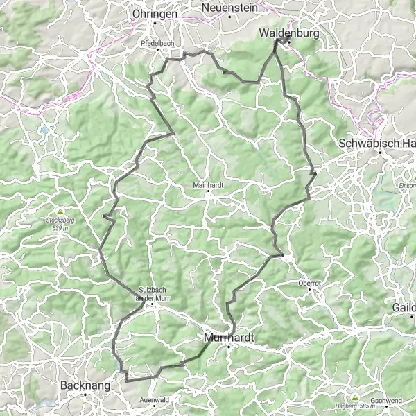 Map miniature of "Nature and Culture in Waldenburg's Region" cycling inspiration in Stuttgart, Germany. Generated by Tarmacs.app cycling route planner