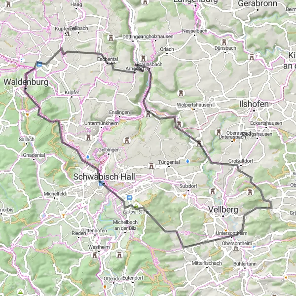 Karten-Miniaturansicht der Radinspiration "Road-Tour durch Braunsbach und Schwäbisch Hall" in Stuttgart, Germany. Erstellt vom Tarmacs.app-Routenplaner für Radtouren