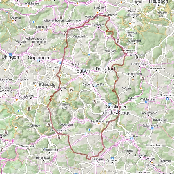 Karten-Miniaturansicht der Radinspiration "Radtour zur Burg Waldstetten" in Stuttgart, Germany. Erstellt vom Tarmacs.app-Routenplaner für Radtouren