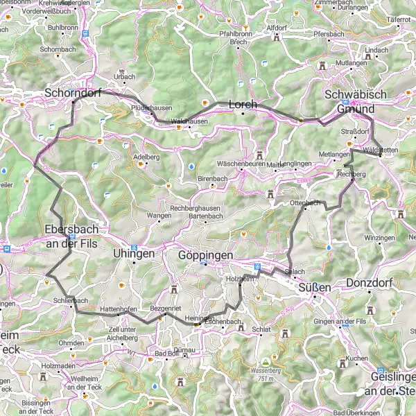 Karten-Miniaturansicht der Radinspiration "Auf den Spuren der Geschichte nach Schorndorf" in Stuttgart, Germany. Erstellt vom Tarmacs.app-Routenplaner für Radtouren
