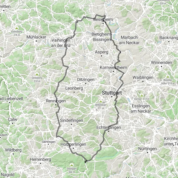 Karten-Miniaturansicht der Radinspiration "Stuttgarter Höhen und Flughafen Tour" in Stuttgart, Germany. Erstellt vom Tarmacs.app-Routenplaner für Radtouren