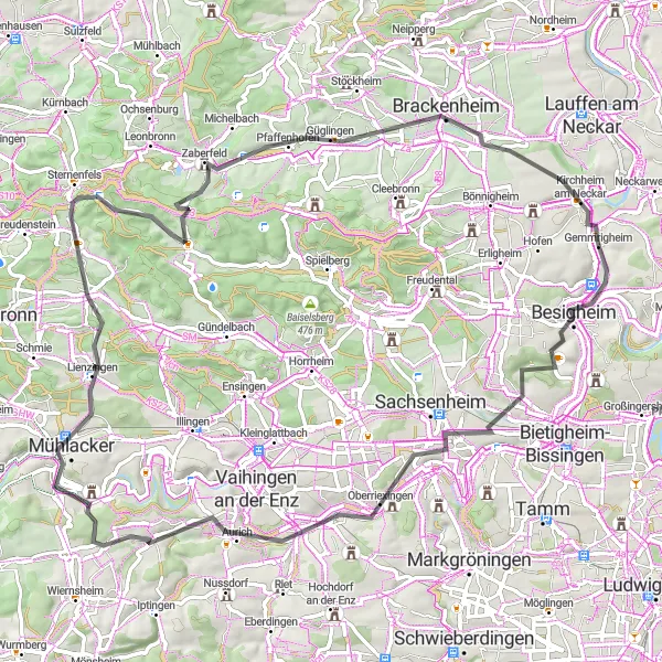 Karten-Miniaturansicht der Radinspiration "Oberriexingen Rundkurs" in Stuttgart, Germany. Erstellt vom Tarmacs.app-Routenplaner für Radtouren