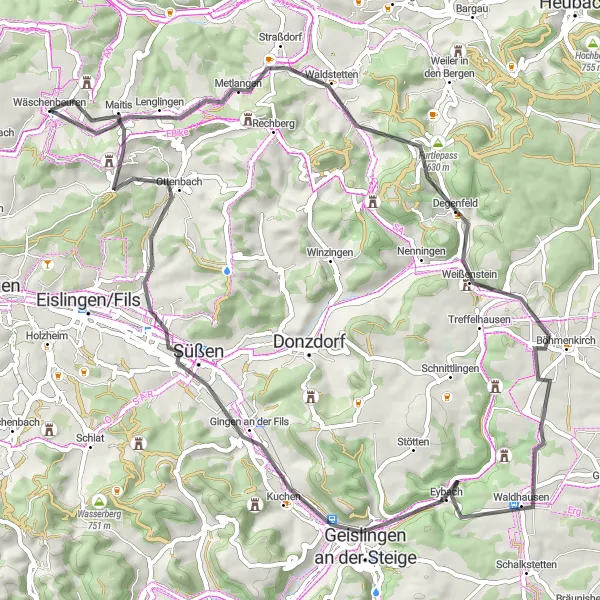 Karten-Miniaturansicht der Radinspiration "Rund um Geislingen an der Steige" in Stuttgart, Germany. Erstellt vom Tarmacs.app-Routenplaner für Radtouren