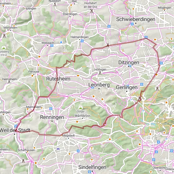 Karten-Miniaturansicht der Radinspiration "Malmsheim Rundenweg" in Stuttgart, Germany. Erstellt vom Tarmacs.app-Routenplaner für Radtouren
