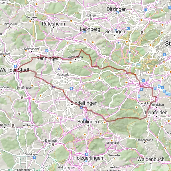 Karten-Miniaturansicht der Radinspiration "Gravel-Abenteuer rund um Weil der Stadt" in Stuttgart, Germany. Erstellt vom Tarmacs.app-Routenplaner für Radtouren
