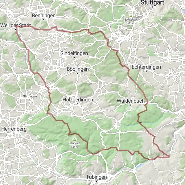 Karten-Miniaturansicht der Radinspiration "Großes Gravel-Abenteuer um Weil der Stadt" in Stuttgart, Germany. Erstellt vom Tarmacs.app-Routenplaner für Radtouren